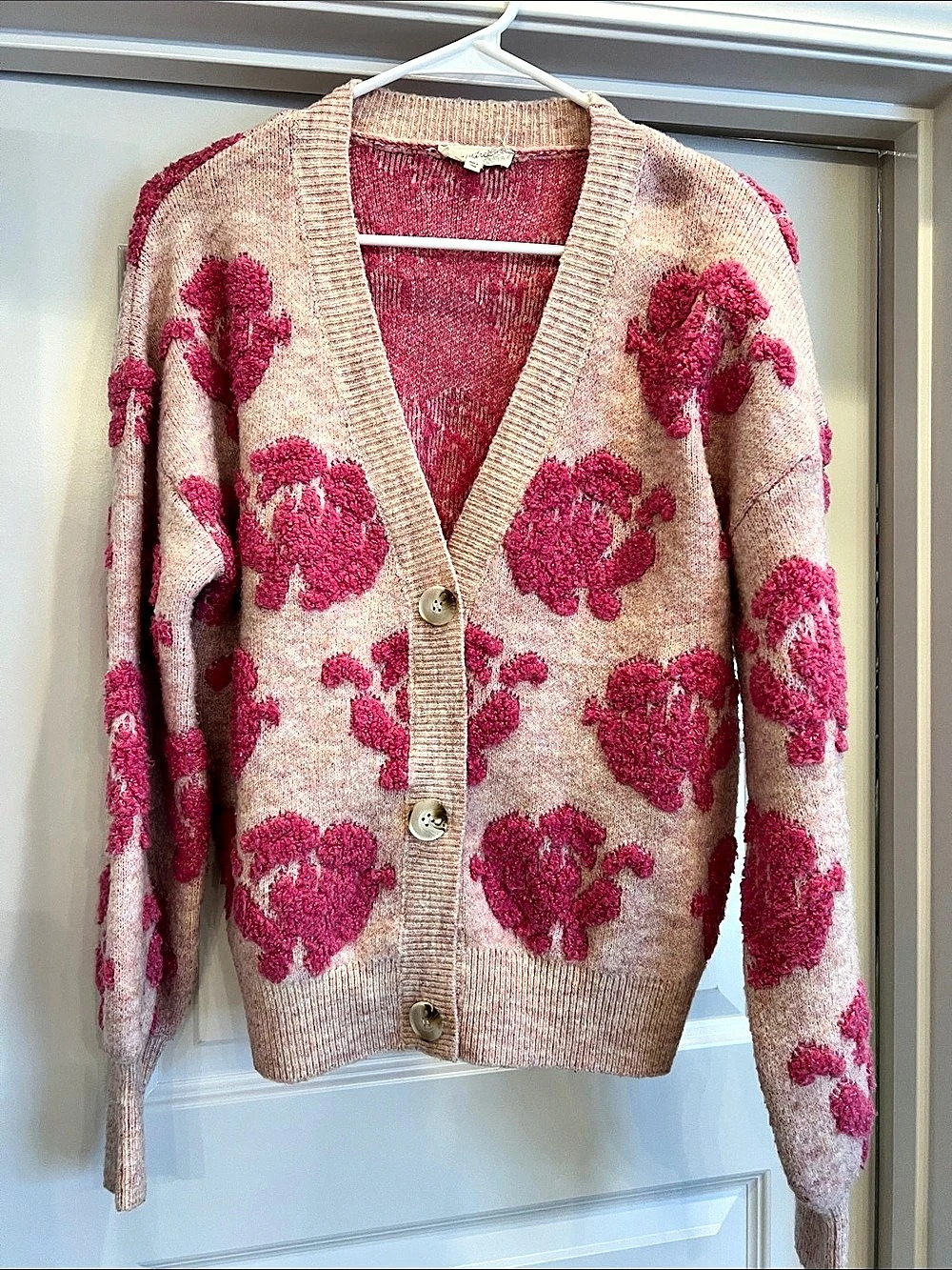Mystree Fuzzy Floral Button Cardigan Pink Size Medium